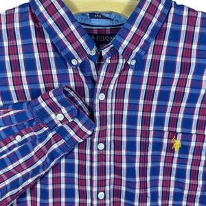 US Polo Assn Mens XXL Plaid Button Down Shirt Long Sleeve Stretch Blue Red White